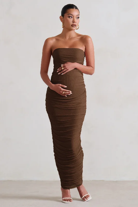 Exclusive Savings My Lady | Maternity Chocolate Brown Strapless Bodycon Ruched Mesh Maxi Dress