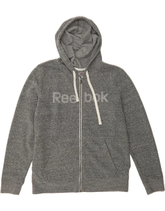 REEBOK Womens Graphic Zip Hoodie Sweater UK 16 Large Grey Cotton