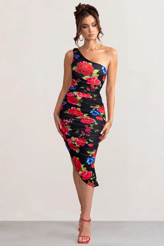 Sale Event Late Night | Black Floral Print Asymmetric One Shoulder Ruched Midi Dress