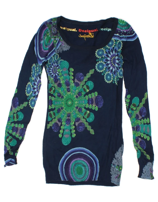 DESIGUAL Womens Boat Neck Jumper Sweater UK 12 Medium Navy Blue Floral