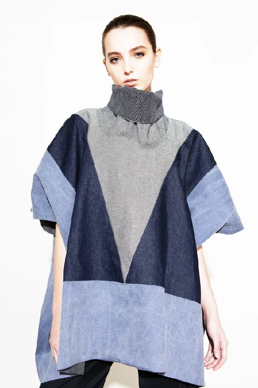 BLUE DENIM BLOCK PONCHO