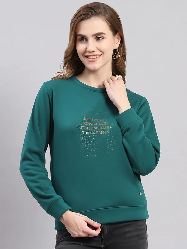 Women Teal Blue Printed Round Neck Full Sleeve Sweatshirts