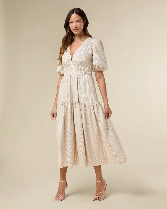 Savings Bonanza Puff Sleeve V-neck Poplin Midi Dress