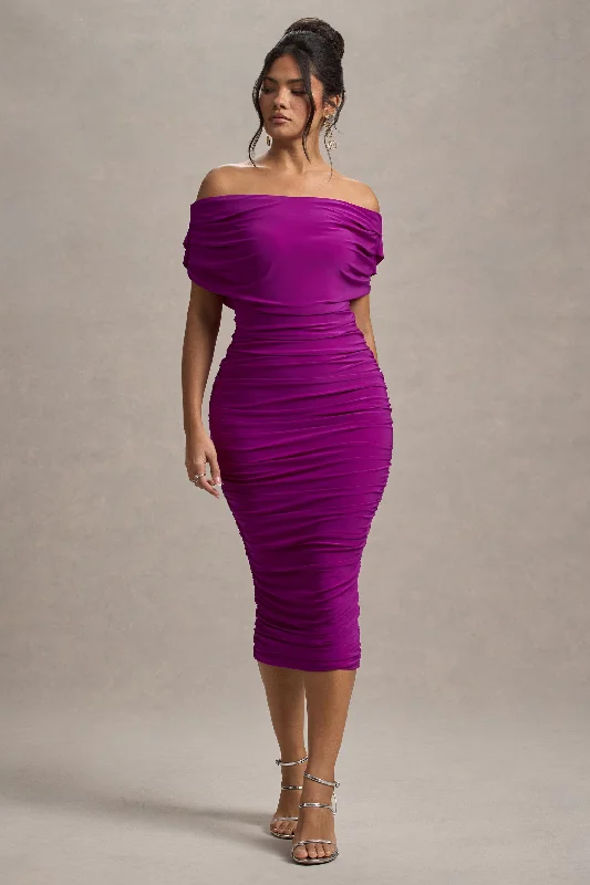 TIME-Limited Offer Rayleigh | Dark Pink Bardot Ruched Midi Dress