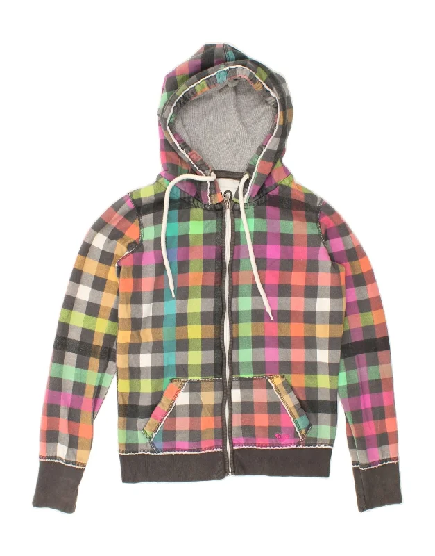 ROXY Womens Zip Hoodie Sweater UK 14 Medium Multicoloured Check Cotton