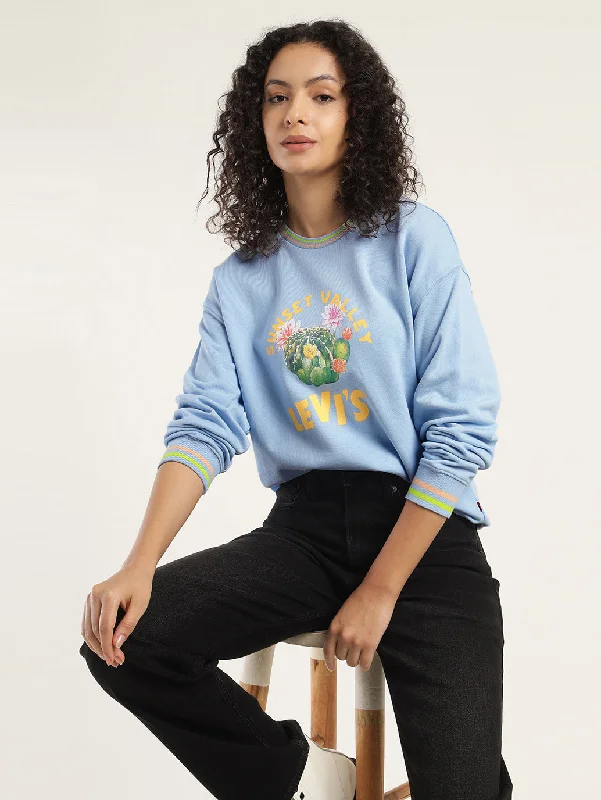 Women's Solid Blue Crew Neck Sweatshirt