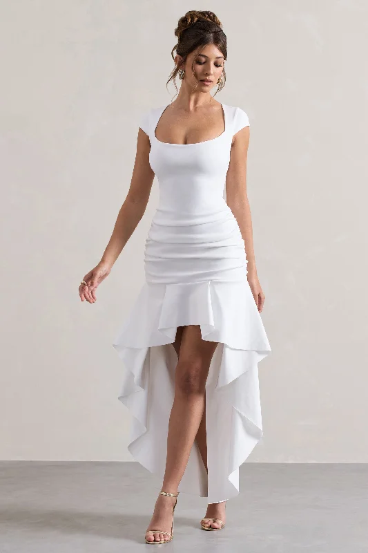 Super Deal Parisa | White Ruched Short-Sleeve High-Low Maxi Dress
