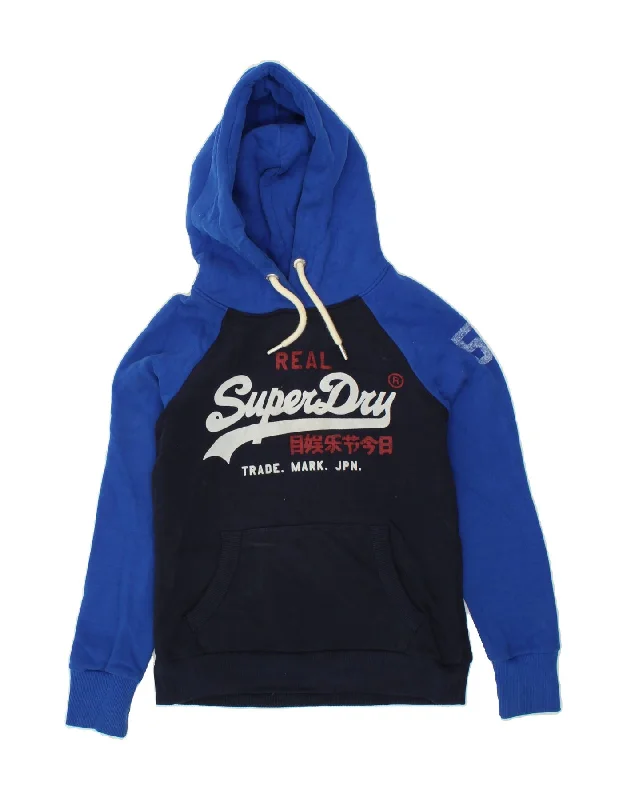 SUPERDRY Womens Graphic Hoodie Jumper UK 10 Small Navy Blue Colourblock