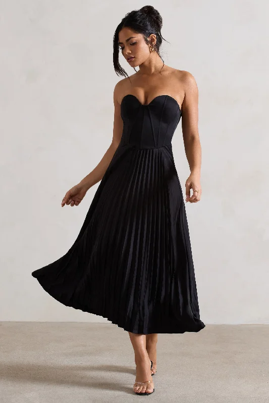 Huge Discounts Bordeaux | Black Satin Corset Style Midi Dress
