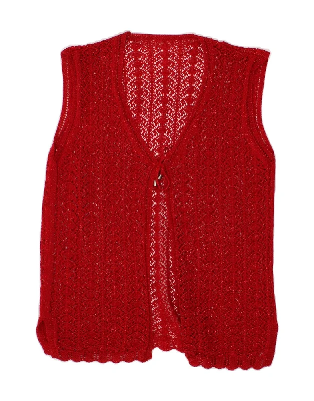 VINTAGE Womens Sleeveless Crochet Cardigan Sweater UK 14 Medium Red