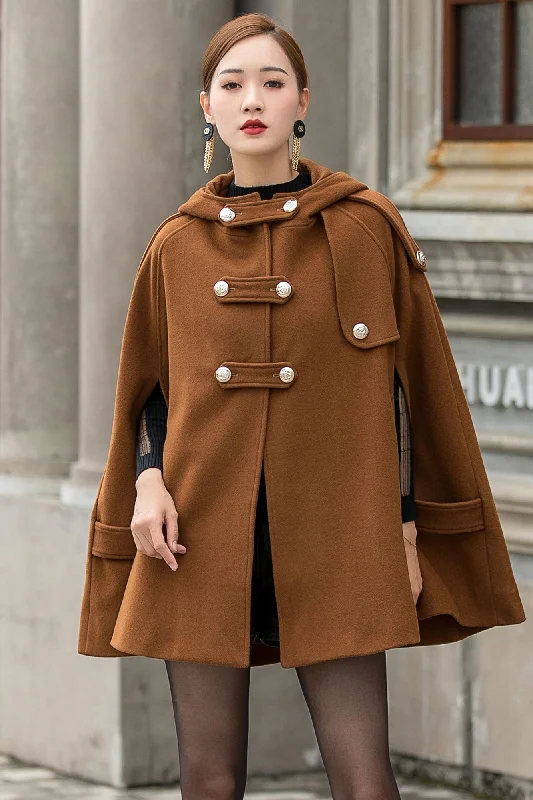 Brown Hooded Wool Cape Coat 3142