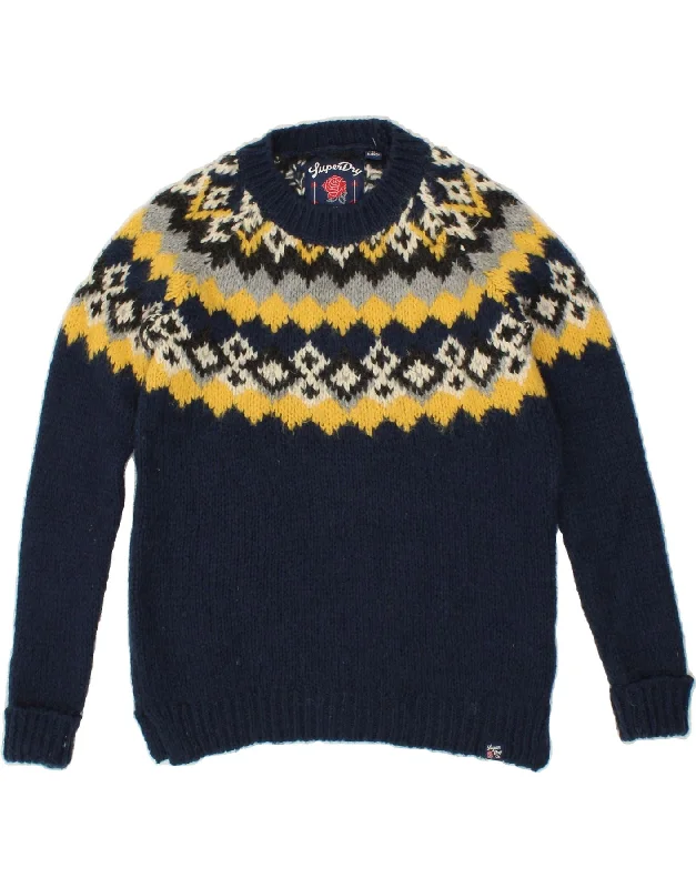 SUPERDRY Womens Crew Neck Jumper Sweater UK 10 Small Navy Blue Fair Isle