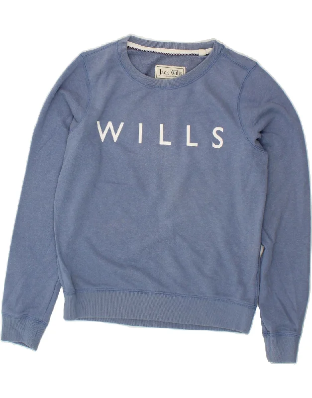 JACK WILLS Womens Crop Graphic Sweatshirt Jumper UK 8 Small Blue Cotton