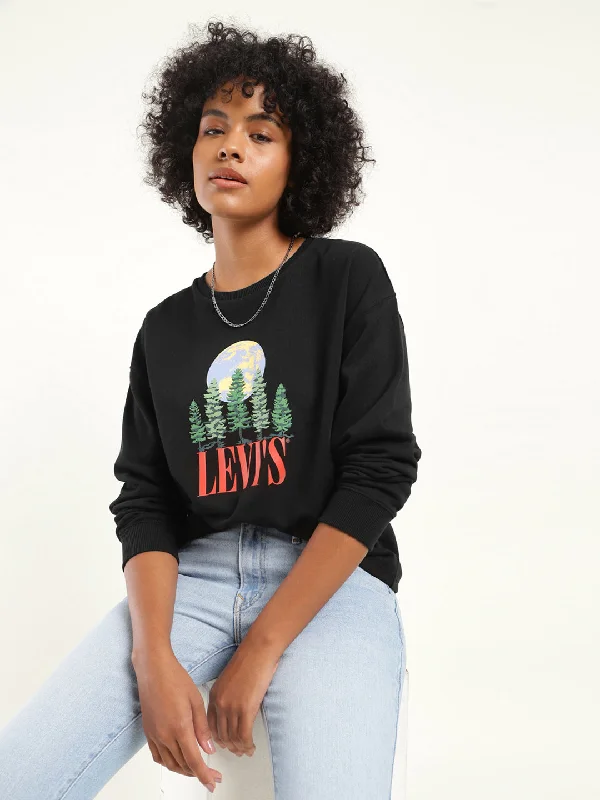 Women's Solid Black Crew Neck Sweatshirt