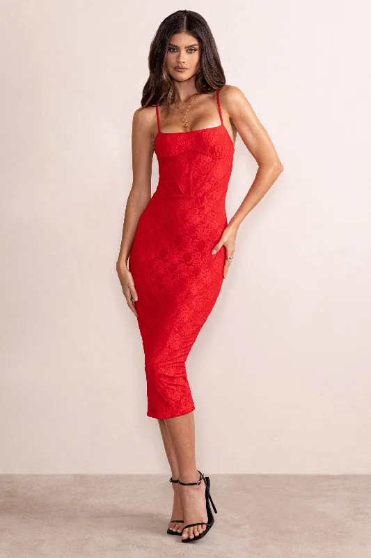 Instant Discount Anele | Red Lace Overlay Corset Midi Dress