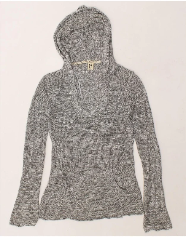 ROXY Womens Hooded V-Neck Jumper Sweater UK 14 Large Grey Cotton