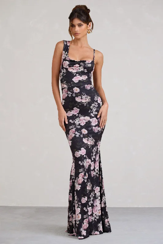 Deal Zone Phantasy | Black & Pink Floral Print Asymmetric Neckline Cowl Maxi Dress