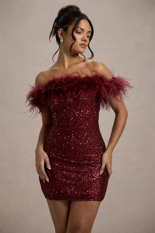Quick Sale New Money | Burgundy Bodycon Sequin Mini Dress With Feather Trim