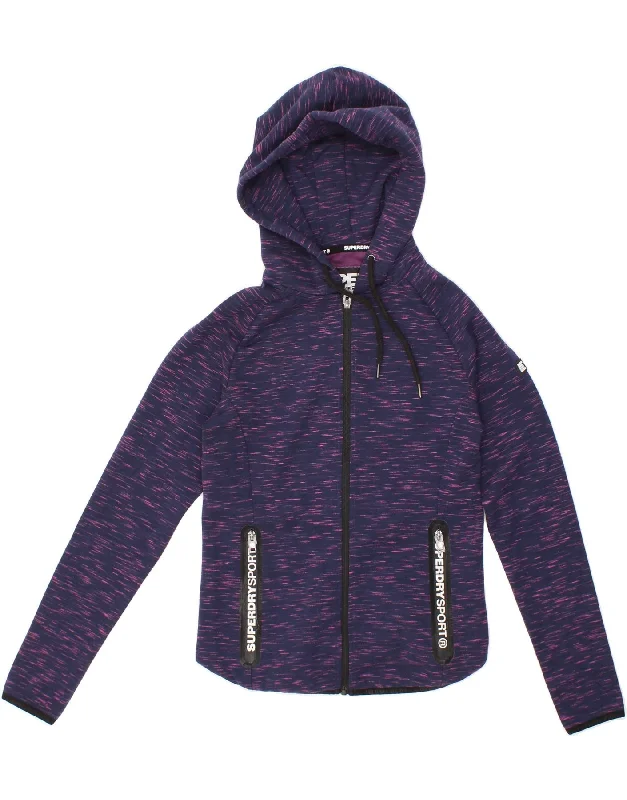 SUPERDRY Womens Zip Hoodie Sweater UK 10 Small Purple Striped Polyester