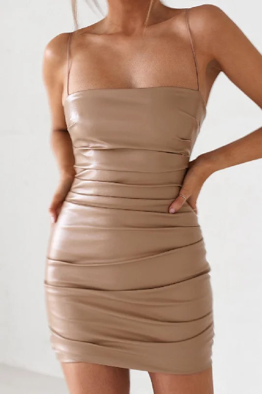 Don’t Miss Out Vegan Leather Mini Dress - Tan