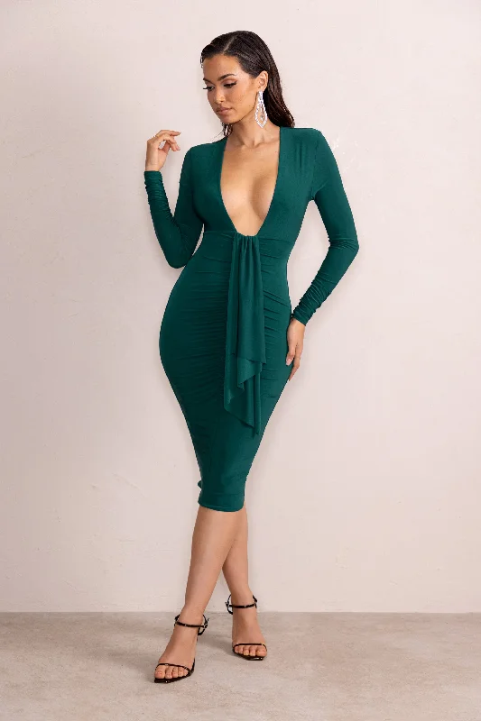 Overstock Inspirational | Bottle Green Plunge Neck Long Sleeves Ruched Midi Dress With Drape Detail