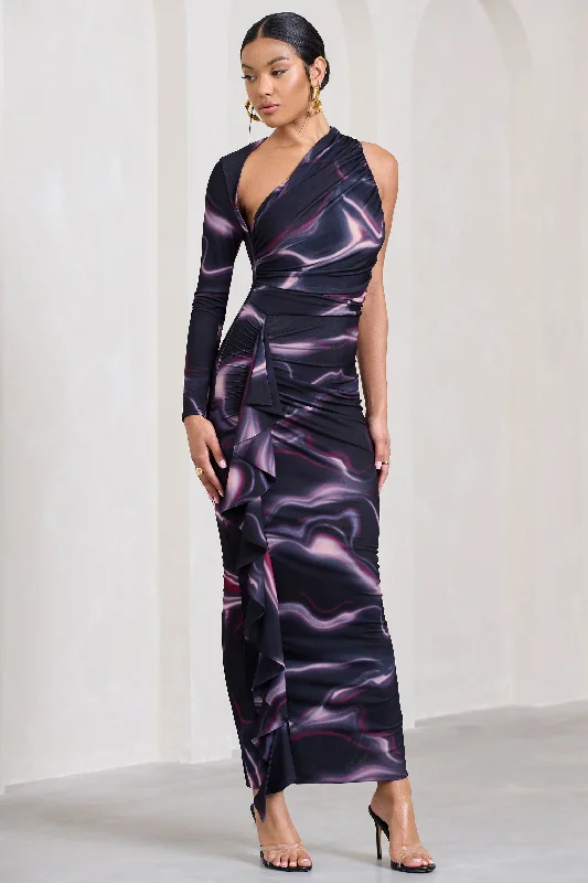 Can't Miss Compass | Black Printed One-Sleeved Cut-Out Maxi Dress With Ruffle
