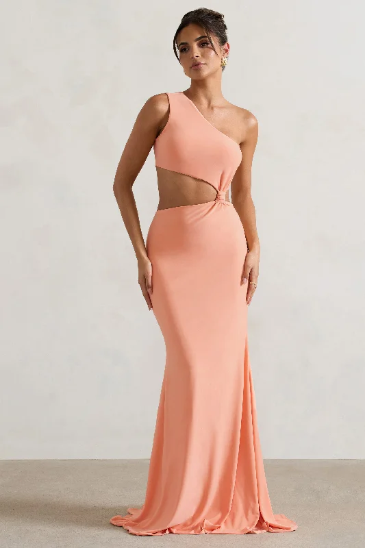 Holiday Sale Aspyn | Coral Asymmetric Twisted Cut-Out Fishtail Maxi Dress