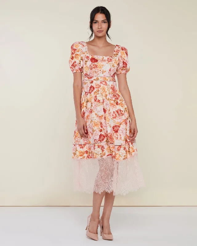 Weekend Flash Sale Puff Sleeve Lace Trim Midi Dress