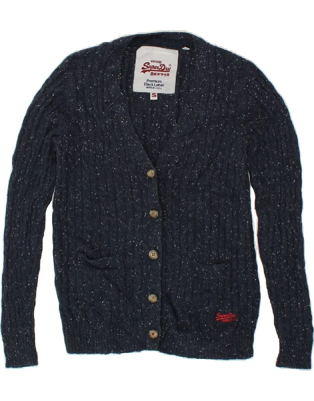 SUPERDRY Womens Cardigan Sweater UK 10 Small Navy Blue Flecked Cotton