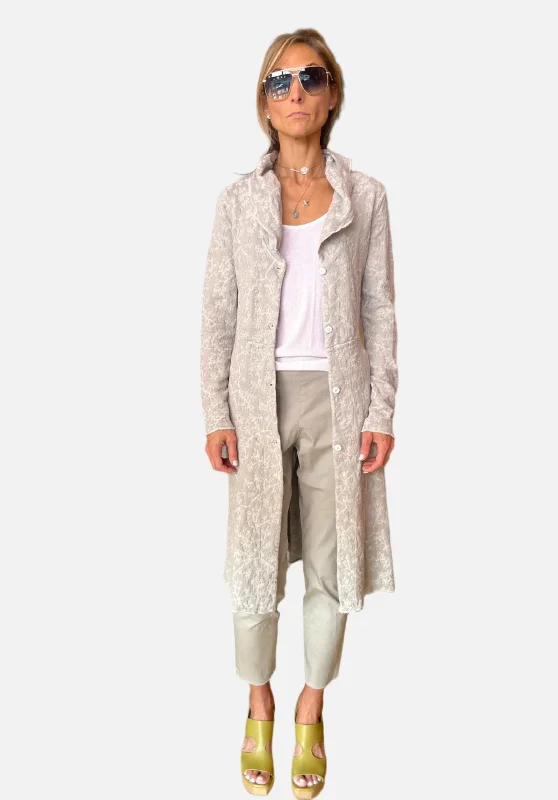 Long Floral Cotton Linen Jacquard Knitted Jacket - Light Grey