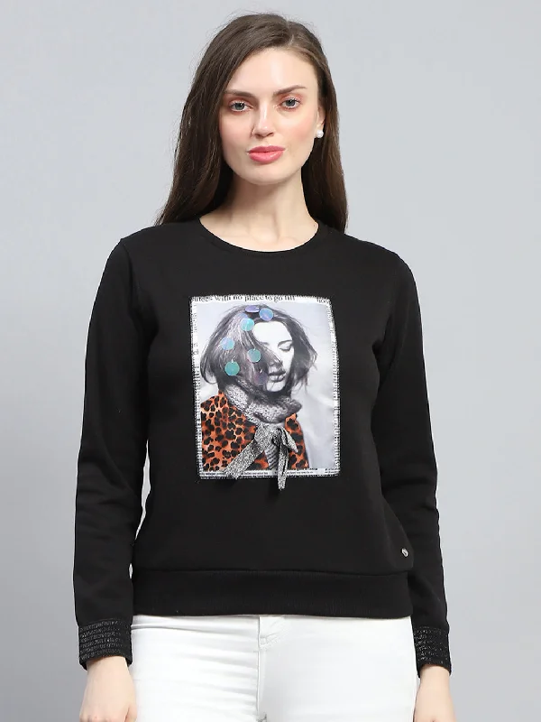 Women Black Printed Round Neck Full Sleeve Sweatshirt