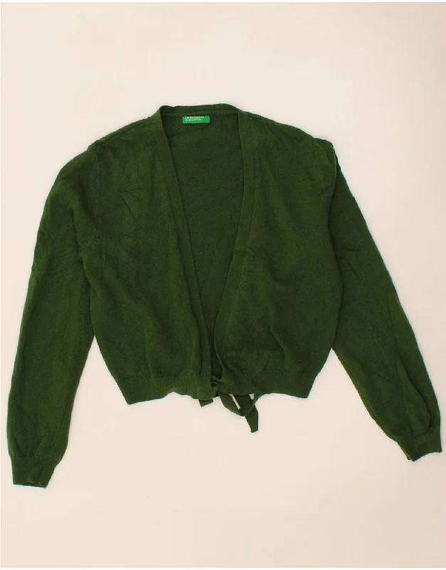 BENETTON Womens Crop Cardigan Sweater UK 10 Small Green Virgin Wool