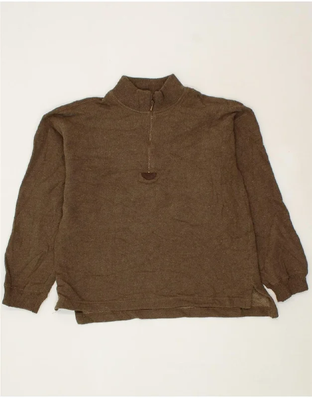 L.L.BEAN Womens Zip Neck Jumper Sweater UK 14 Medium Khaki Cotton