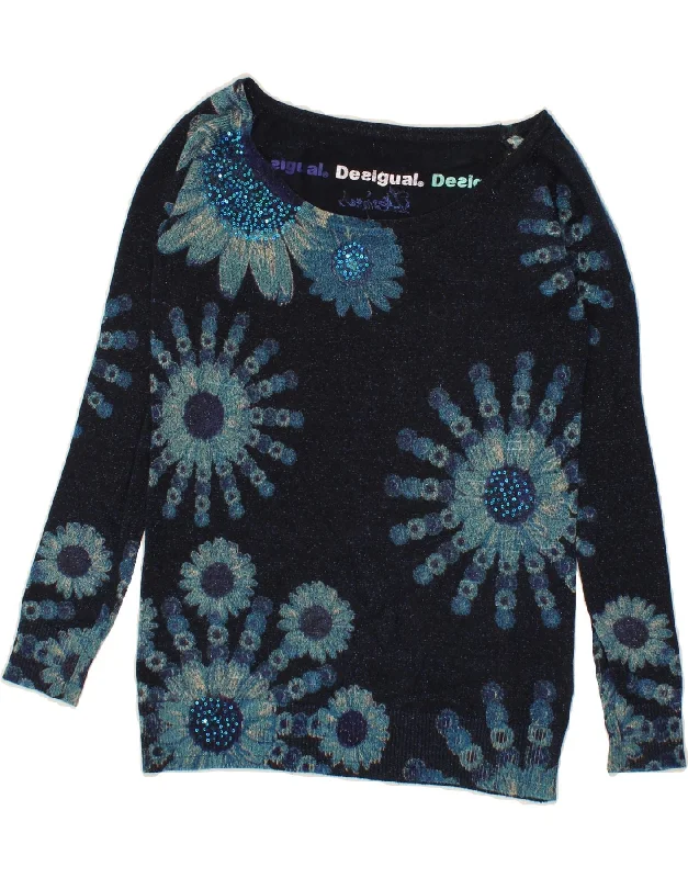 DESIGUAL Womens Boat Neck Jumper Sweater UK 12 Medium Navy Blue Floral