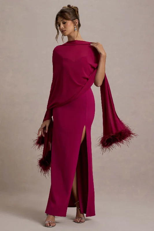 Instant Discount Swoon | Mulberry Chiffon Feather-Trim Shawl