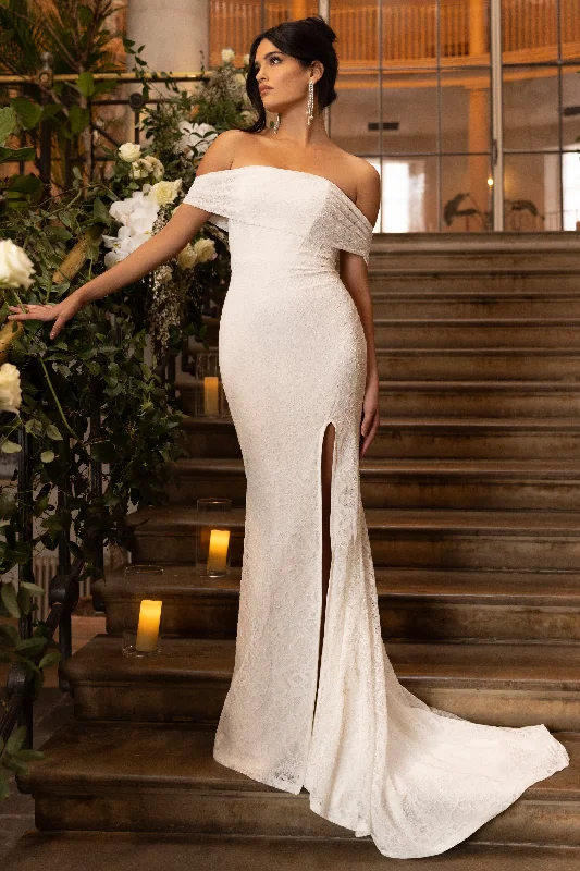 Get It Before It’s Gone Lilibet | White Lace Bardot Split Maxi Dress