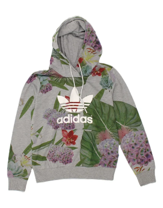 ADIDAS Womens Graphic Hoodie Jumper UK 12 Medium Grey Floral Polyester