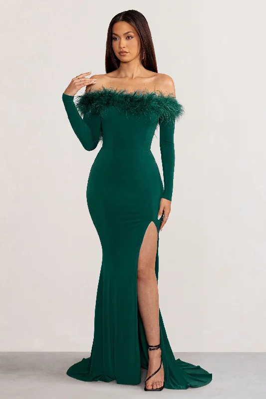 YEAR-End Clearance Lucilu | Bottle Green Feather Bardot Long Sleeve Maxi Dress with Side Split