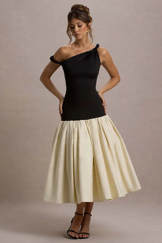 Price Slash Whitley | Black & Cream Twist-Neck Drop-Waist Midi Dress