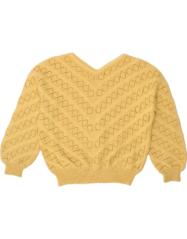 VINTAGE Womens Crop V-Neck Jumper Sweater UK 16 Large Yellow