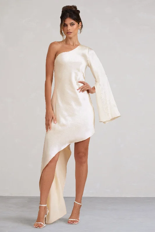 Huge Discounts Hanna | Cream One Shoulder Asymmetric Draped Satin Mini Dress