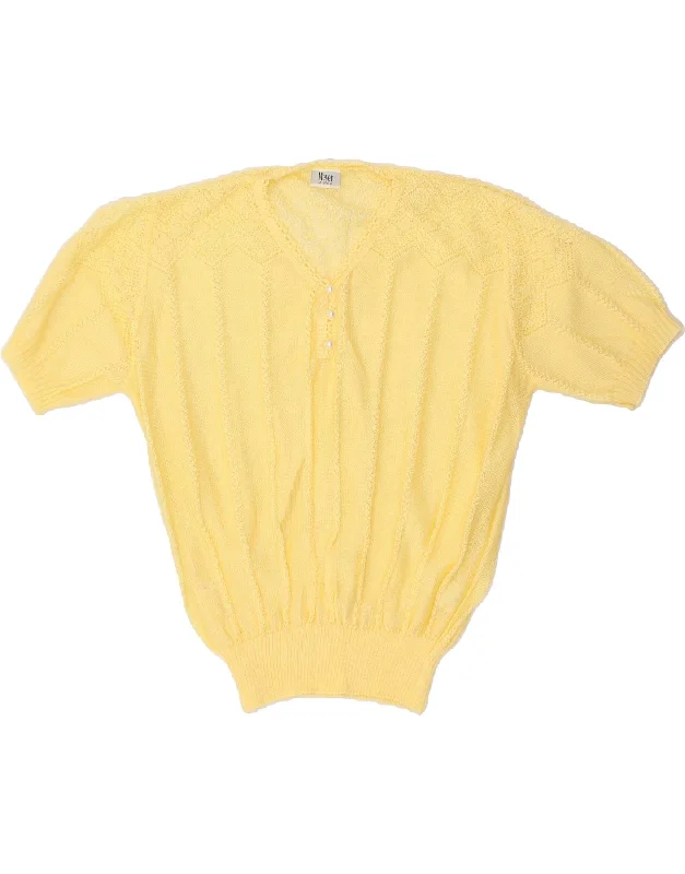 VINTAGE Womens Short Sleeve V-Neck Jumper Sweater UK 12 Medium Yellow