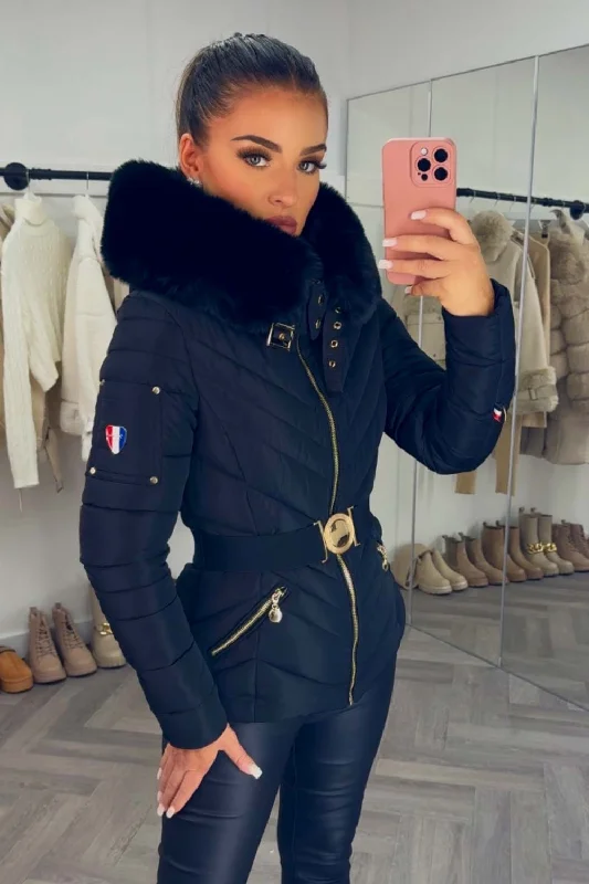 Puffer Jacket With Fur Hood And Belt Black