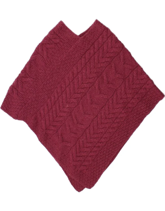 ARAN Womens Poncho Jumper One Size Burgundy Merino Wool