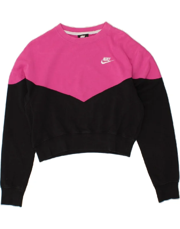 NIKE Womens Crop Sweatshirt Jumper UK 14 Medium Pink Colourblock Cotton