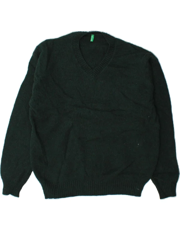 BENETTON Womens V-Neck Jumper Sweater UK 16 Large Green Wool