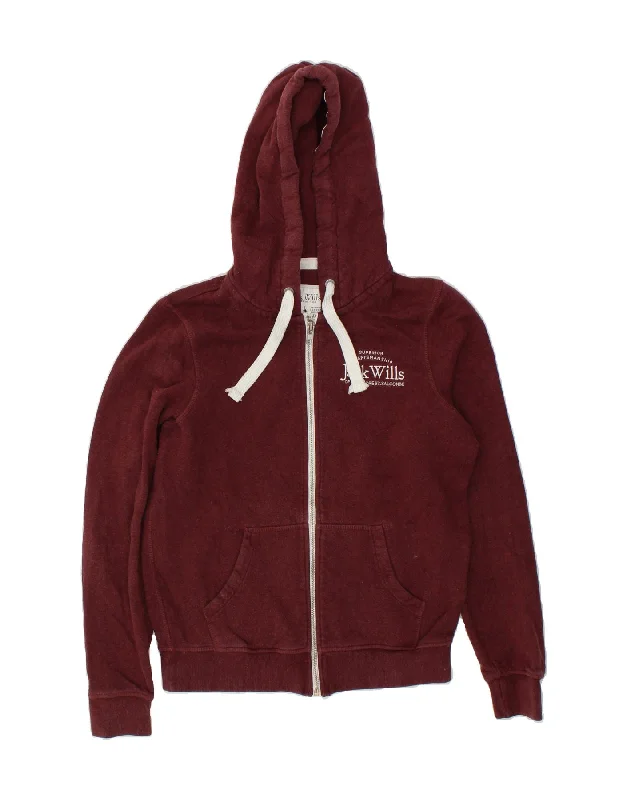 JACK WILLS Womens Graphic Zip Hoodie Sweater UK 10 Small Burgundy Cotton