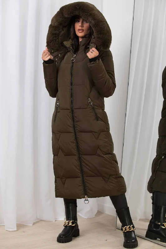 Long Puffer Padded Coat With Faux Fur Hood Khaki