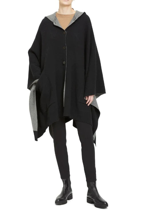 Felted Wool-Cashmere Hooded Poncho - Black / Grey