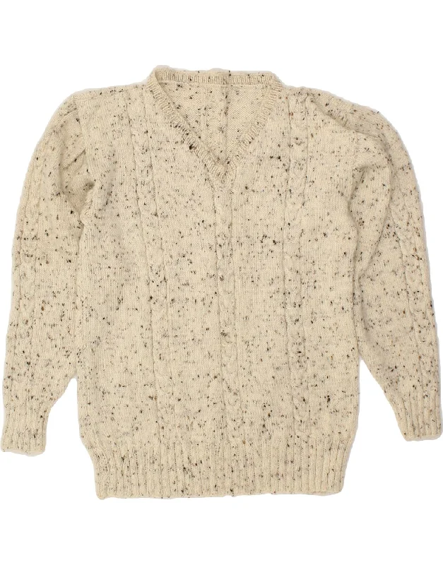 VINTAGE Womens V-Neck Jumper Sweater UK 12 Medium Beige Flecked